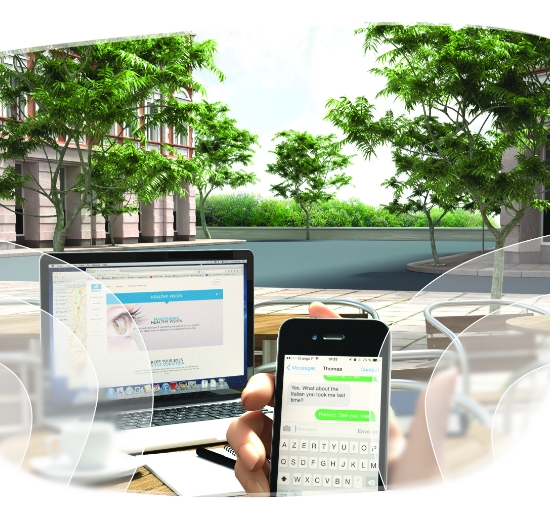 Blick auf Smartphone, Bildschirm und in die Ferne mit angedeuteten Sehbereichen eines Gleitsichtglases.